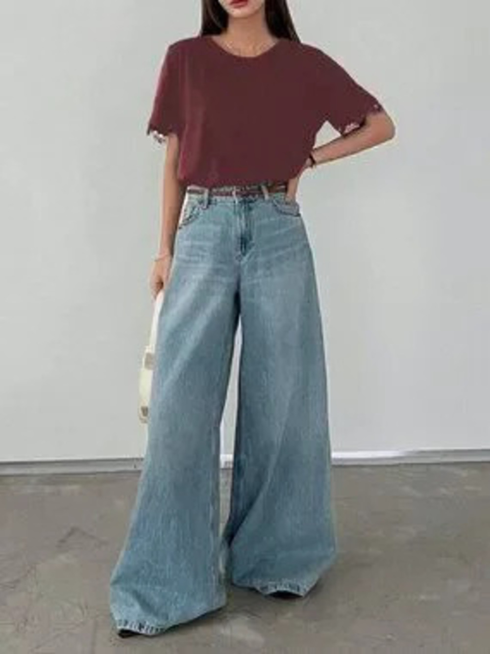 ZARA Burgundy Casual Women's Preppy Contrast Lace Loose Short Sleeve T-Shirt